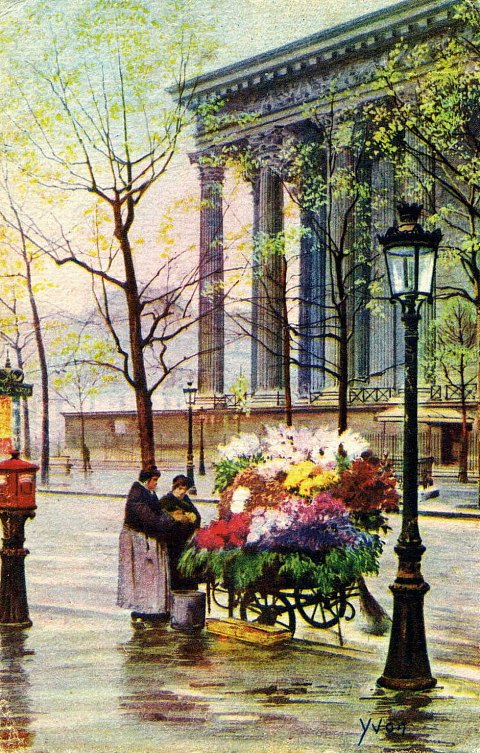 Marchande de fleurs au début du XXe siècle place de la Madeleine à Paris