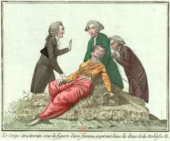 Le corps aristocrate sous la figure d'une femme, expirant dans les bras de la noblesse. Gravure satirique anonyme révolutionnaire publiée vers 1790