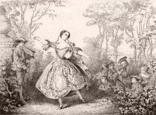 La Camargo dansant. Gravure de 1880 d'Edmond Hédouin réalisée d'après une peinture de 1730 de Nicolas Lancret