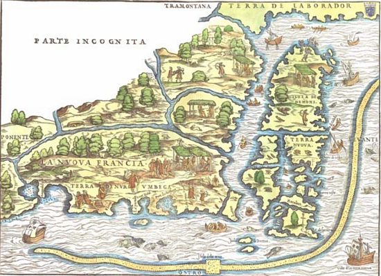 La Nouvelle France. Carte de Giacomo Gastaldi datant de 1556, établie sur les découvertes de Verrazano (1524) et de Cartier (1535-1536)