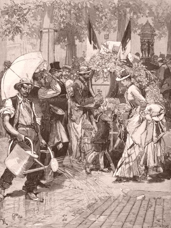 Paris pendant la canicule de 1884 : place du Théâtre-Français. Illustration de couverture du Monde illustré du 23 août 1884