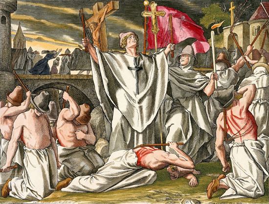 Flagellants faisant pénitence pendant la peste noire (1348-1352). Gravure de 1860 (colorisée ultérieurement) réalisée d'après un dessin d'Adolf Ehrhardt (1813-1899)