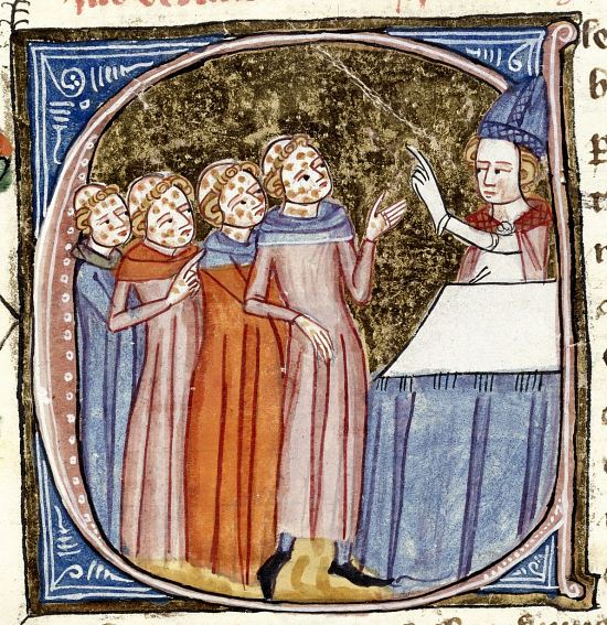 Prêtre bénissant des moines pestiférés. Enluminure extraite de Omne Bonum, composé par James le Palmer vers 1360 (manuscrit anglais Royal 6 E VI de la British Library)