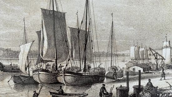 Bateaux à quai au port de Recouvrance. Lithographie de Charles Pensée, 1840