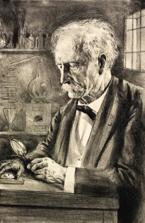 Marcellin Berthelot dans son laboratoire. Gravure de 1927 réalisée par Carol Nonumaye