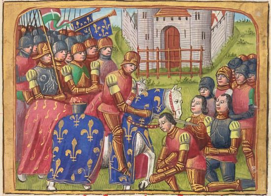 Le bâtard de Vendôme et d'autres écuyers faits chevaliers par Dunois. Enluminure de Jean Bourdichon extraite des Vigiles de Charles VII par Martial d'Auvergne (manuscrit français n°5054 de la BnF, vers 1485)