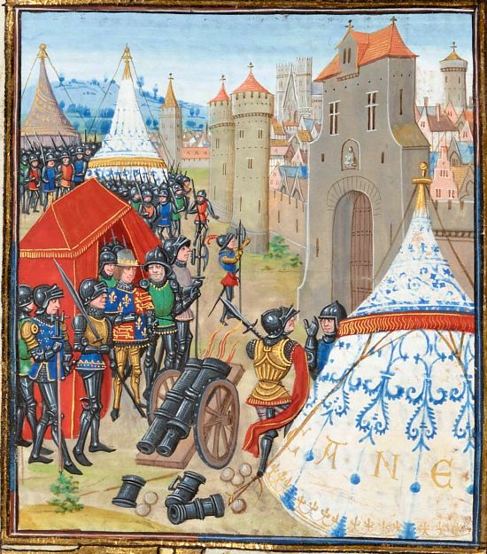 Le roi Édouard III d'Angleterre assiège Reims. Enluminure extraite des Chroniques de Jean Froissart (manuscrit français n°2643)