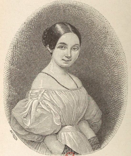 Henriette-Caroline Mennechet de Barival à l'époque de son mariage en 1834. Gravure extraite de Madame Mennechet de Barival : une chère mémoire, paru en 1889