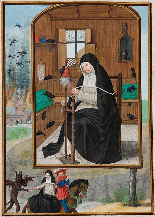 Sainte Gertrude de Nivelles. Enluminure extraite des Heures du cardinal Albrecht de Brandebourg (1490-1545), archevêque et électeur de Mayence (manuscrit composé par Simon Bening et datant de 1523)