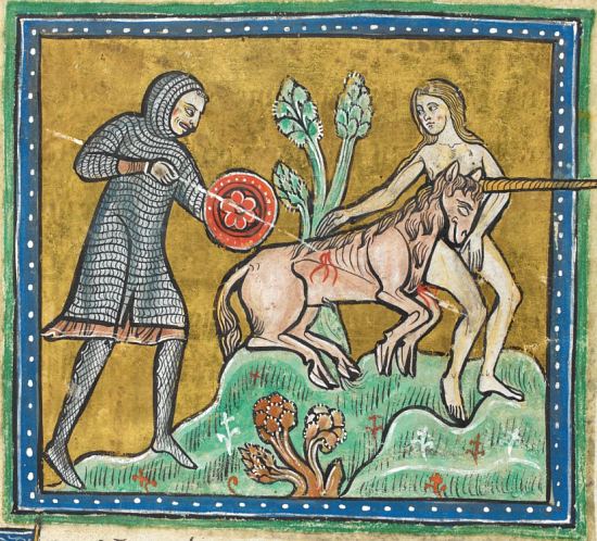 Vierge et licorne. Enluminure extraite de Bestiary and Lapidary (manuscrit n°12 F XIII de la British Library, vers 1230)